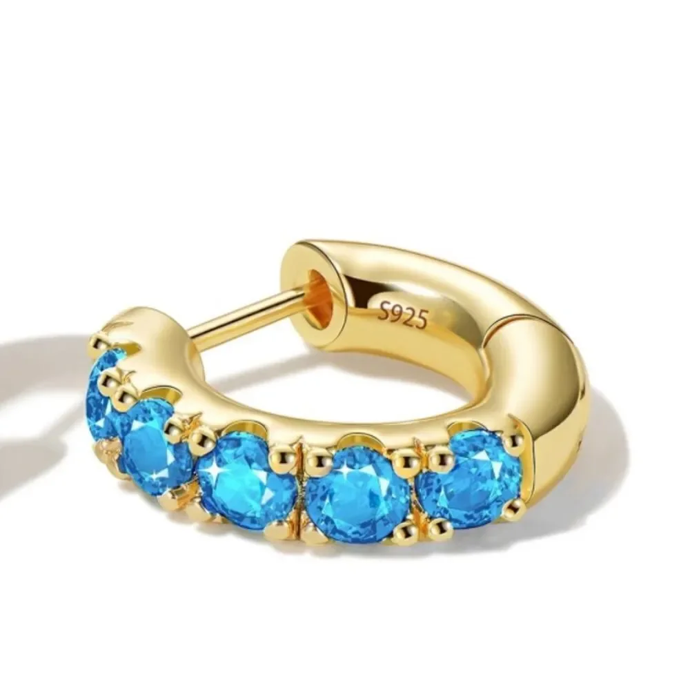 14K Yellow Gold 925 Sterling Silver Aquamarine Cubic Zirconia Huggie Earrings